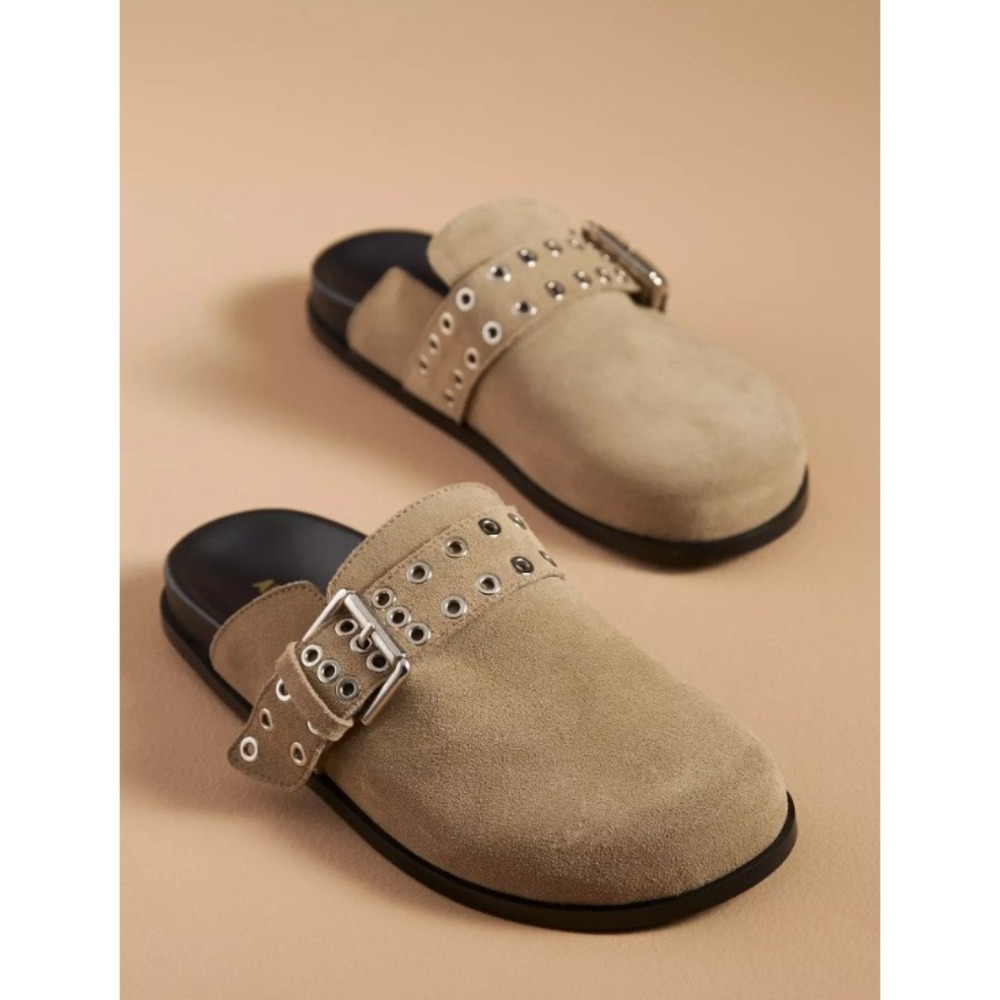 Alohas Halia Suede Leather Slip-On Grommet Detail Mules Clogs in Beige - Picture 1 of 5